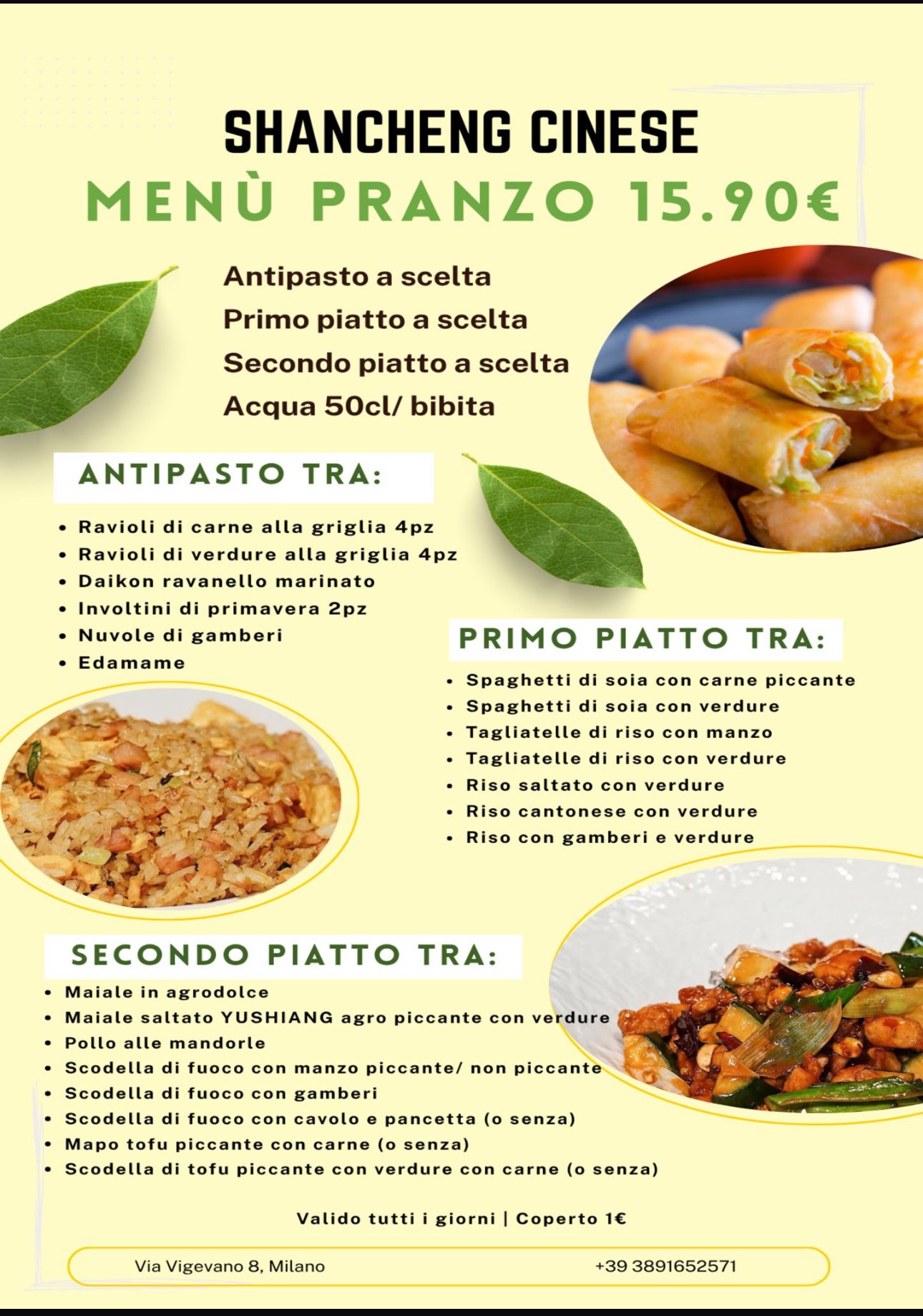 Locandina del menù fisso di pranzo del ristorante Shancheng.